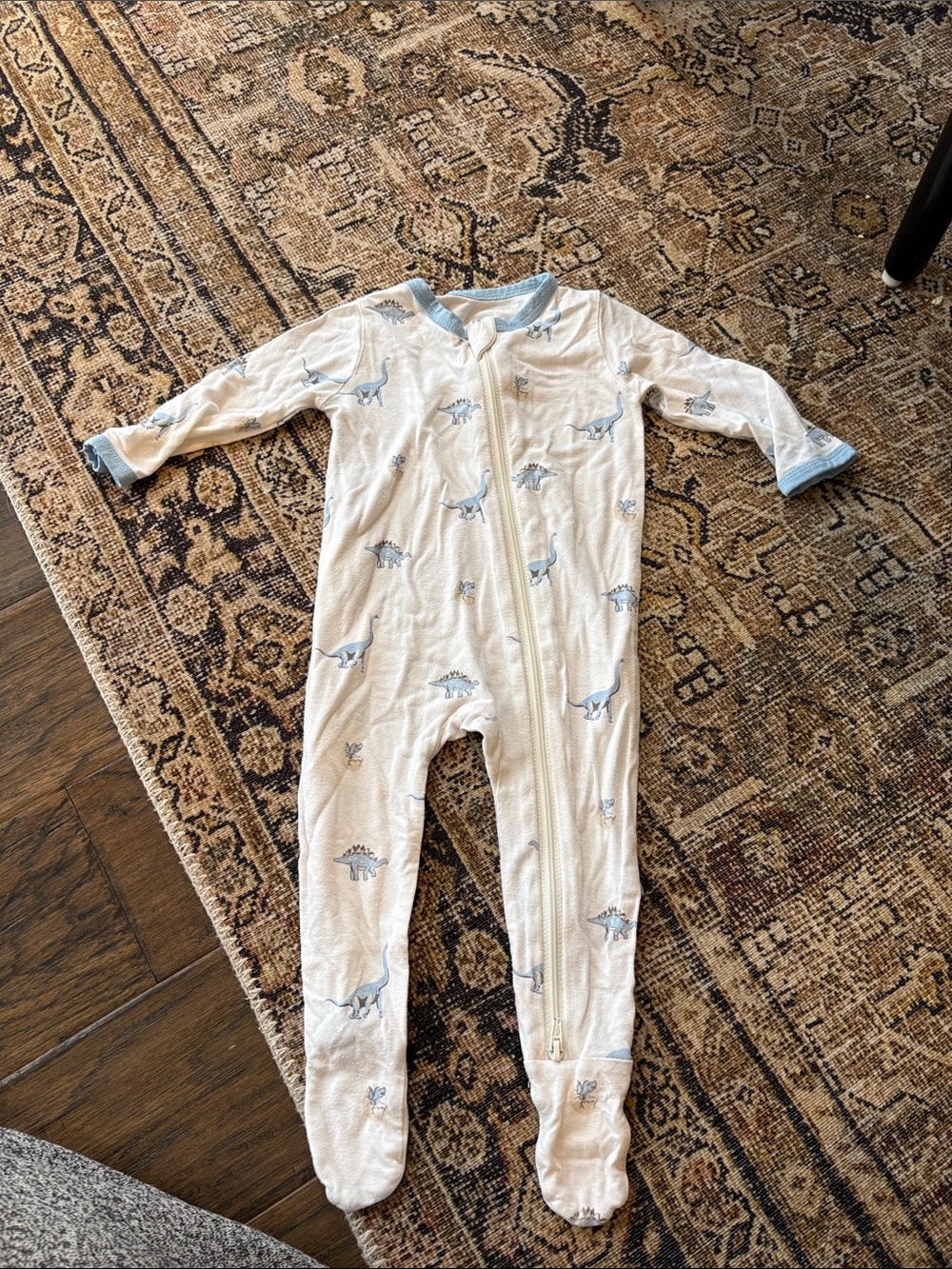 Kyte BABY White One-Piece Footie with Light Blue Dinosaur Print